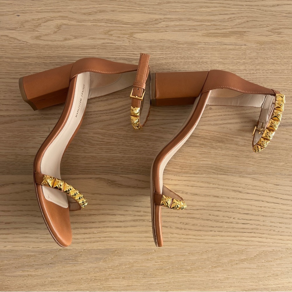 Stuart Weitzman rosemarie block heel cognac Brown Ankle Strap Sandals gold stud - Picture 5 of 12